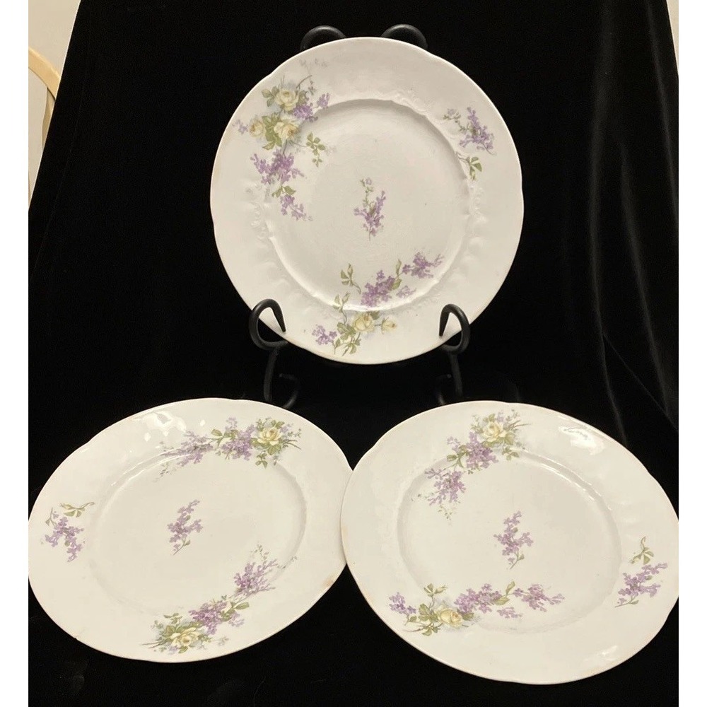 3 Antique Sevres Porcelain Plates Fleur de Lis France Purple Floral Rare Pattern